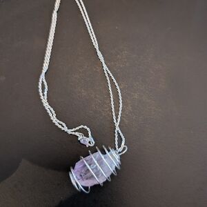 Silver and Purple Wire-Wrapped Pendant Necklace